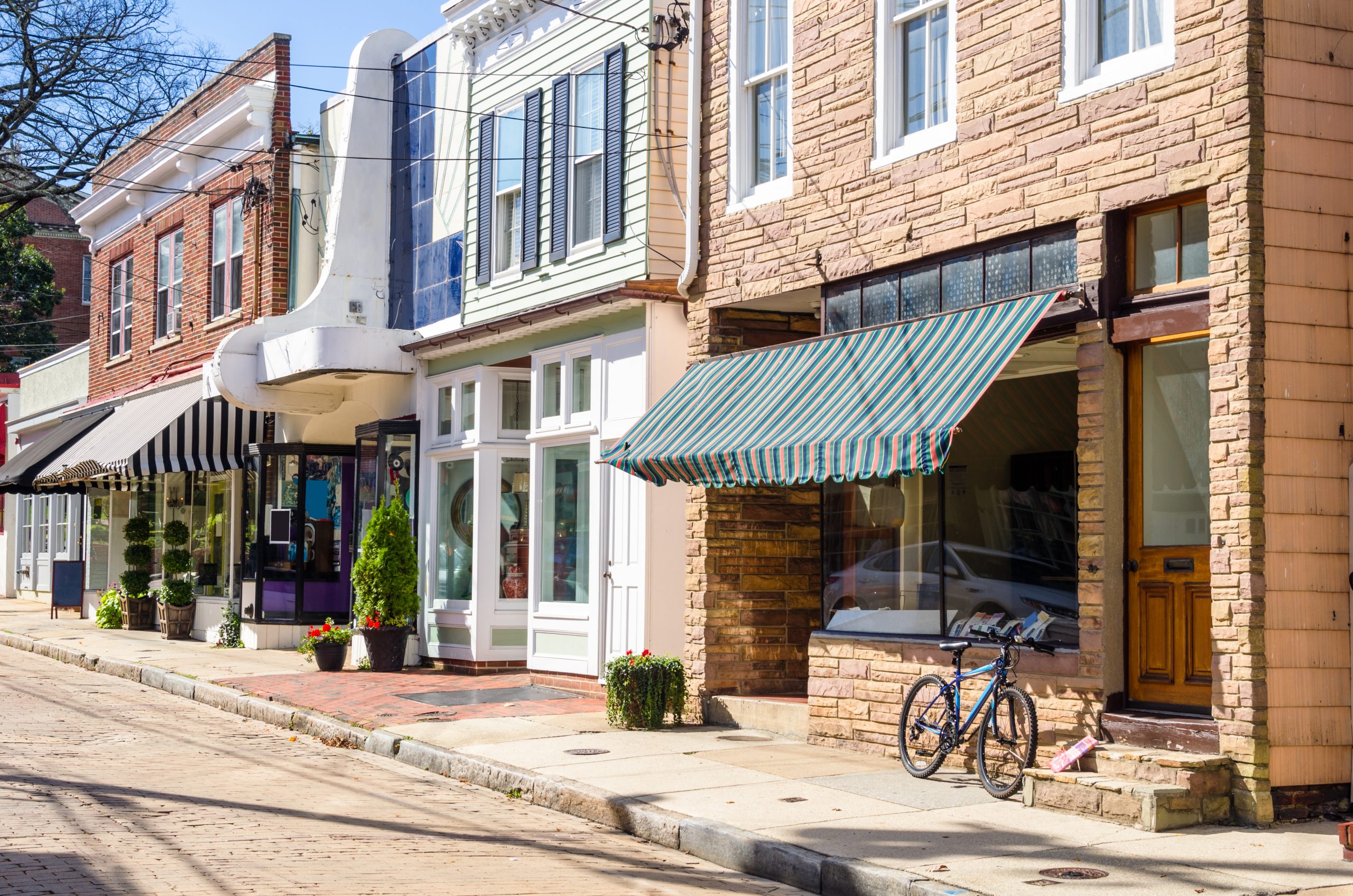 A row of small shops along a cobblestone street, featuring a mix of architectural styles. The storefronts include large windows and awnings, with one shop displaying a bicycle parked outside. Flower pots are placed near the entrances, and the scene is bathed in sunlight