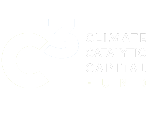 The image features a logo with the letters "C3" prominently displayed, followed by the words "Climate Catalytic Capital Fund" in a modern font. The design is set against a black background, emphasizing the white text