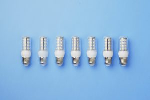 Seven LED light bulbs arranged in a row on a light blue background. Each bulb has a transparent casing with visible diodes and a white base