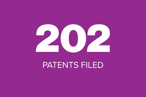 The image displays the number "202" prominently, with the phrase "PATENTS FILED" below it, all set against a purple background