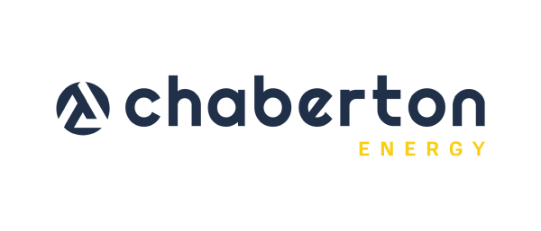 The image features a logo with the text "chaberton" in dark blue, accompanied by the word "ENERGY" in yellow. The design includes a stylized graphic element resembling a triangle or arrow. The background is black