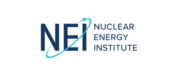 The logo features the letters "NEI" in bold blue font, accompanied by the full name "Nuclear Energy Institute" in a smaller blue font. A light blue arc encircles the letters, suggesting a planet or orbit. The background is black