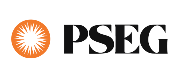 The image features a logo with an orange circle containing a stylized sunburst design, accompanied by the letters "PSEG" in bold black font