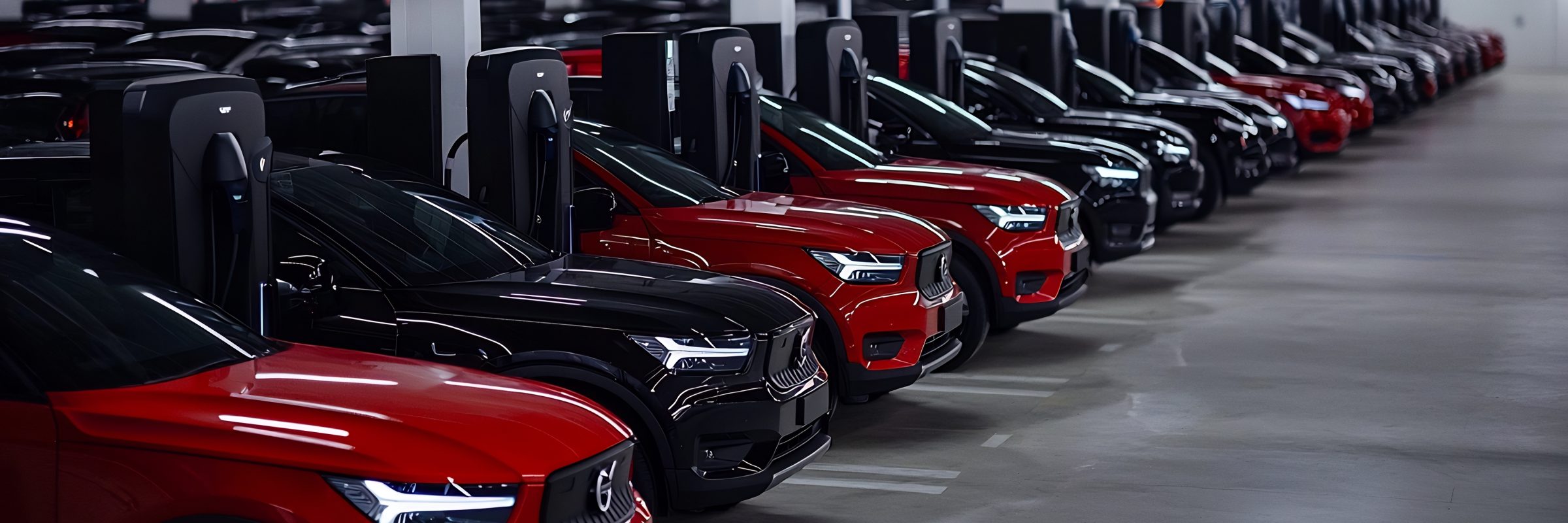 A row of electric vehicles parked in a well-lit underground garage, featuring a mix of black and red cars. Charging stations are visible next to each vehicle, indicating they are in the process of charging