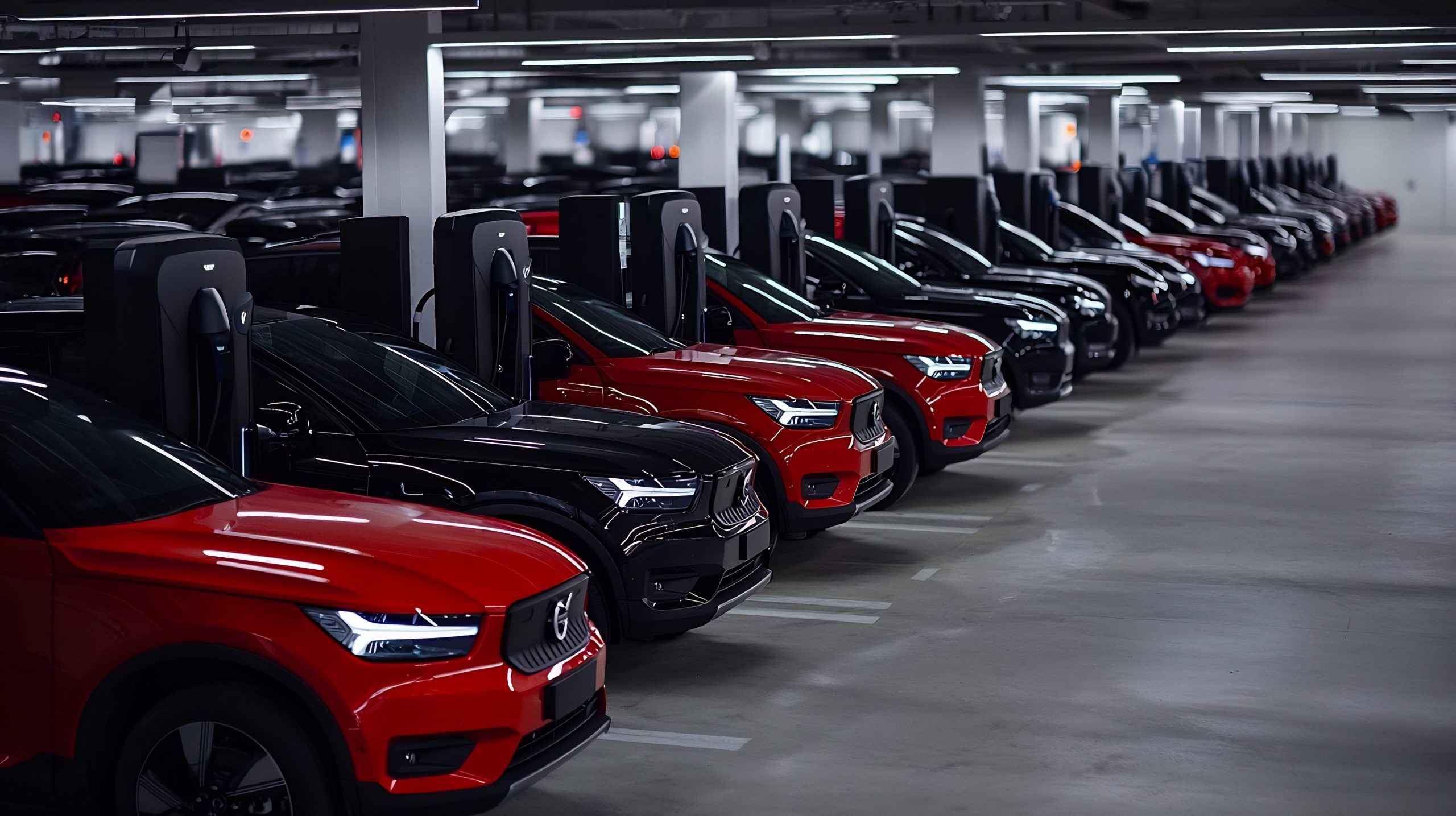 A row of electric vehicles parked in a well-lit underground garage, featuring a mix of black and red cars. Charging stations are visible next to each vehicle, indicating they are in the process of charging