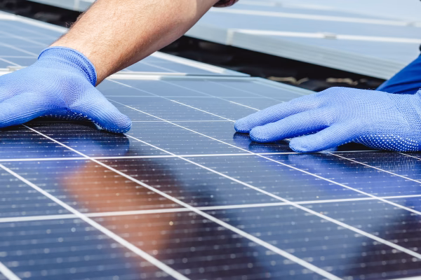 A person wearing blue gloves is installing or adjusting a solar panel, with their hands placed on the surface of the panel. The background shows additional solar panels