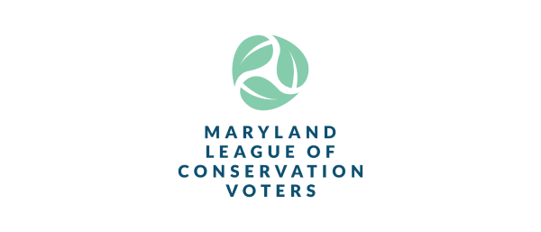 The logo features a stylized design of three green leaves arranged in a circular pattern above the text "MARYLAND LEAGUE OF CONSERVATION VOTERS" in blue. The background is black
