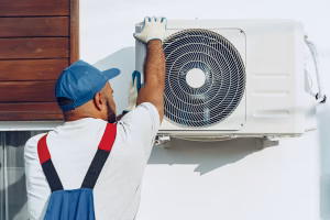 A person wearing a blue cap and gloves is adjusting an outdoor air conditioning unit mounted on a wall. They are dressed in a gray shirt and blue overalls, facing the unit while reaching up to make an adjustment