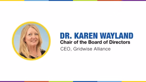 A woman with long blonde hair smiles in a circular frame. Next to her image, text reads "Dr. Karen Wayland, Chair of the Board of Directors, CEO, Gridwise Alliance." The background features colorful stripes at the top and bottom