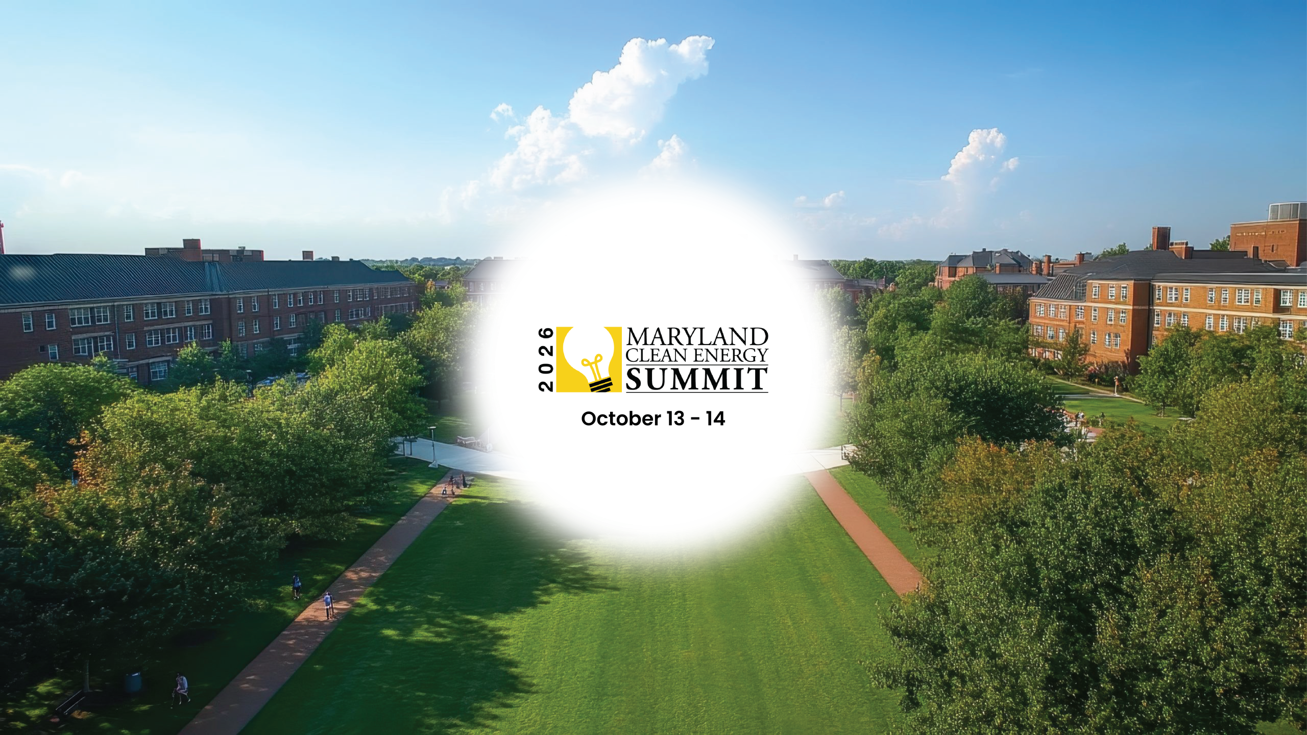 A green park area with trees and pathways is shown, surrounded by buildings. In the center, there is a logo for the 2026 Maryland Clean Energy Summit, with the dates October 13-14 displayed prominently. The sky is clear with a few clouds