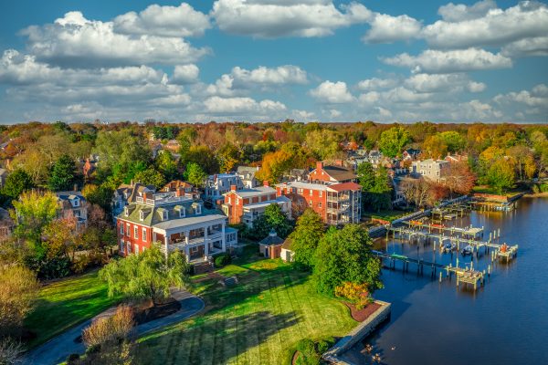 Aerial view of a waterfront area featuring a mix of residential buildings and docks.