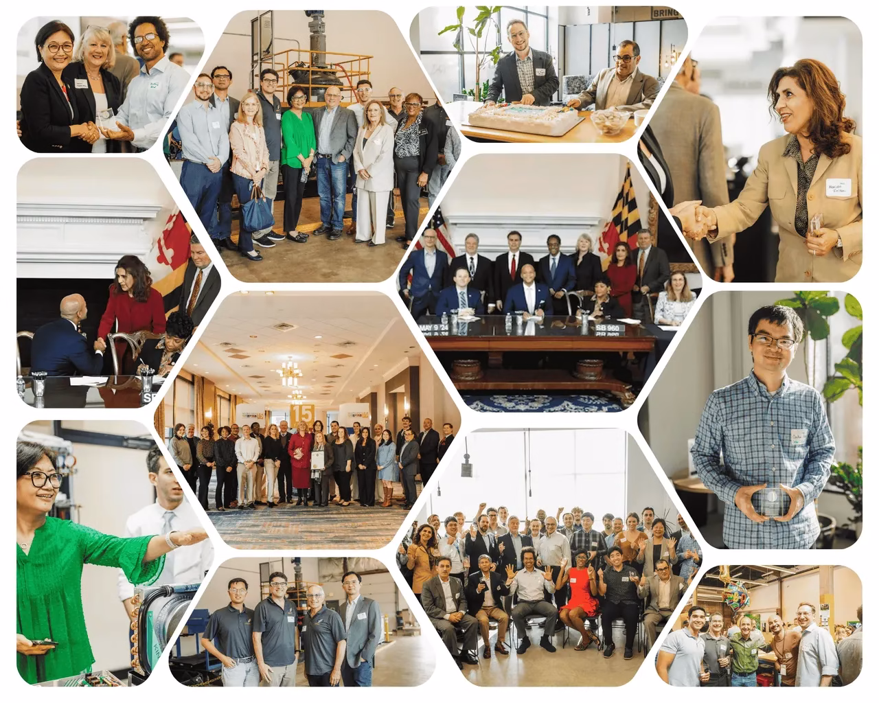 A collage featuring various groups of people engaged in activities related to climate tech innovation.
