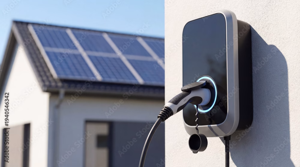A wall-mounted electric vehicle charging station is connected to a charging cable. In the background, a house with solar panels on the roof is visible