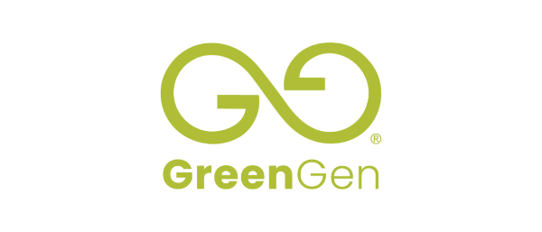 The logo features a stylized infinity symbol in green, with the letters "G" and "G" integrated into the design. Below the symbol, the text "GreenGen" is displayed in a matching green font. The background is black